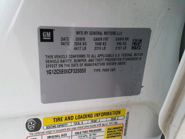 1G1ZC5E06CF329350 - 2012 CHEVROLET MALIBU 1LT WHITE photo 10