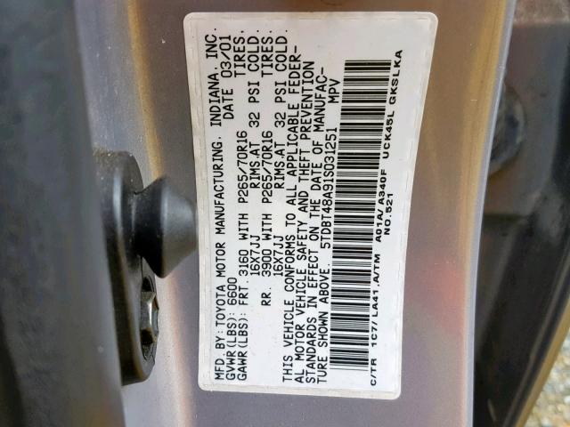 5TDBT48A91S031251 - 2001 TOYOTA SEQUOIA LI GRAY photo 10