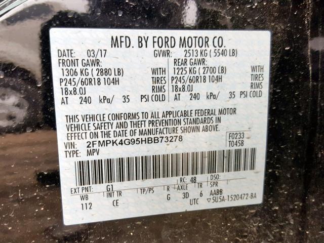 2FMPK4G95HBB73278 - 2017 FORD EDGE SE BLACK photo 10