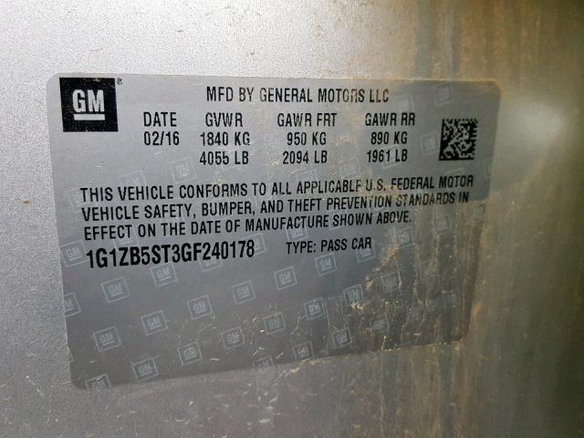 1G1ZB5ST3GF240178 - 2016 CHEVROLET MALIBU LS 银色 照片 10