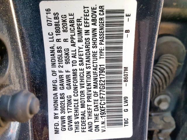 19XFC1F77GE217901 - 2016 HONDA CIVIC EXL BLUE photo 10