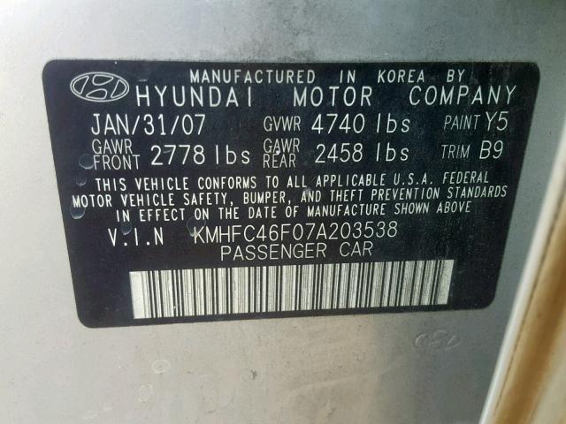 KMHFC46F07A203538 - 2007 HYUNDAI AZERA SE SILVER photo 10