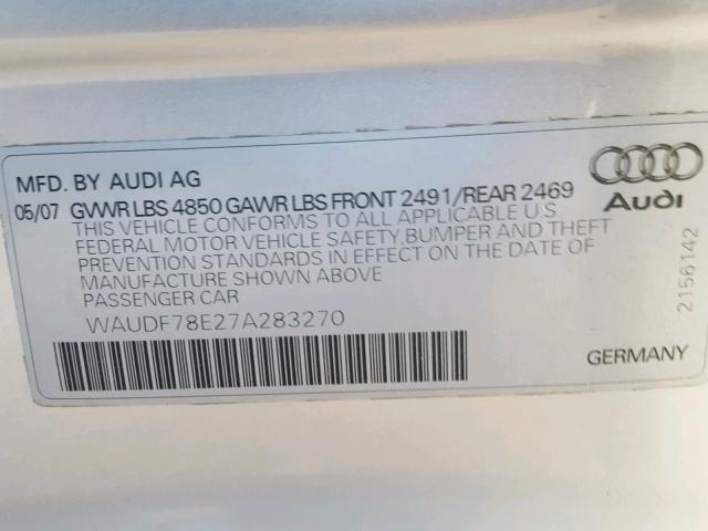 WAUDF78E27A283270 - 2007 AUDI A4 2.0T QU SILVER photo 10