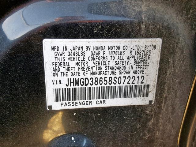 JHMGD38658S072212 - 2008 HONDA FIT SPORT BLACK photo 10