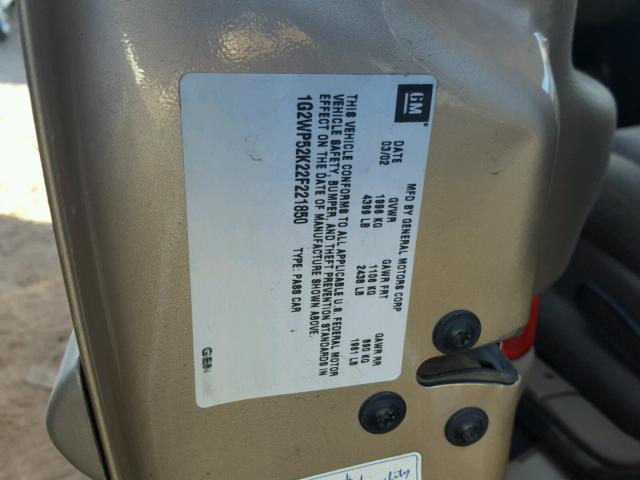 1G2WP52K22F221850 - 2002 PONTIAC GRAND PRIX GOLD photo 10