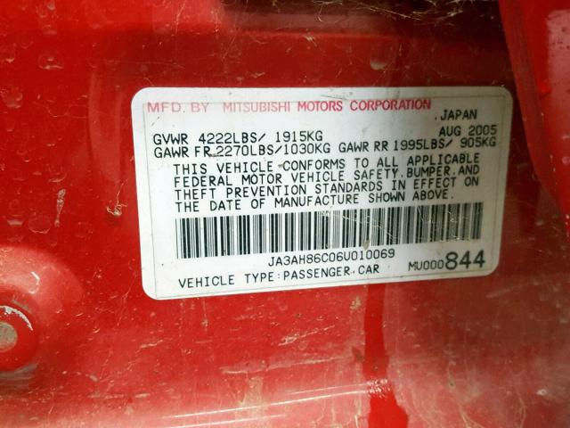 JA3AH86C06U010069 - 2006 MITSUBISHI LANCER EVO RED photo 10