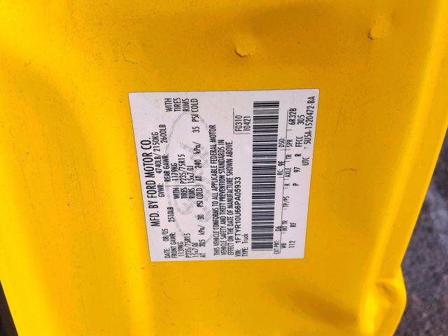 1FTYR10U66PA05933 - 2006 FORD RANGER YELLOW photo 10