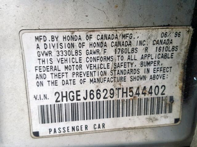 2HGEJ6629TH544402 - 1996 HONDA CIVIC DX SILVER photo 10