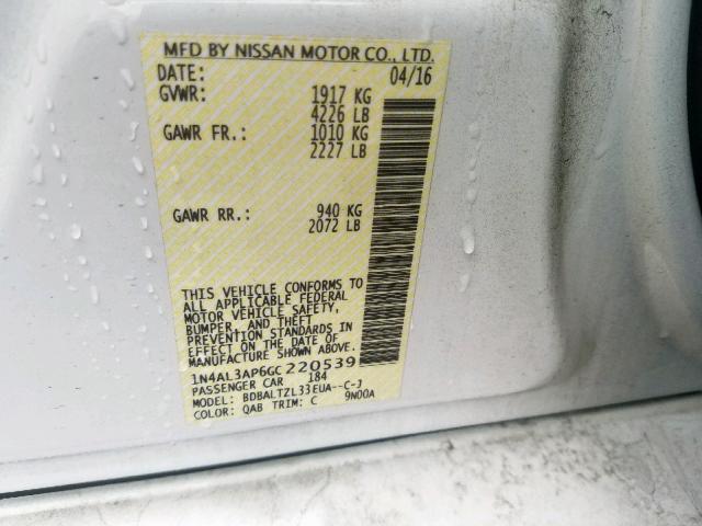 1N4AL3AP6GC220539 - 2016 NISSAN ALTIMA 2.5 WHITE photo 10