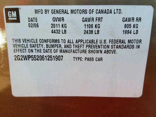 2G2WP552061251907 - 2006 PONTIAC GRAND PRIX GOLD photo 10