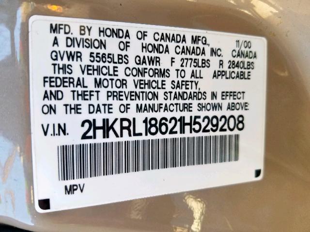 2HKRL18621H529208 - 2001 HONDA ODYSSEY EX GOLD photo 10