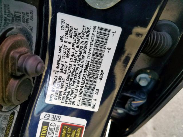 1HGFA16858L038684 - 2008 HONDA CIVIC EX BLUE photo 10