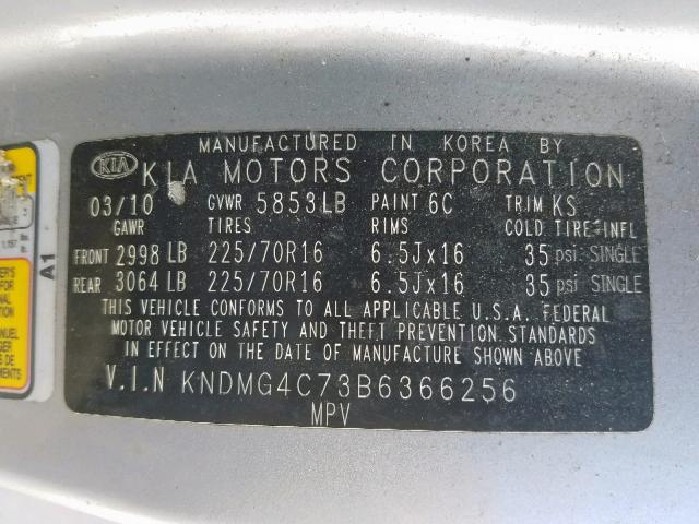 KNDMG4C73B6366256 - 2011 KIA SEDONA LX SILVER photo 10