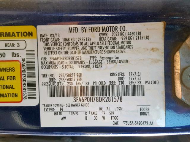 3FA6P0H78DR281578 - 2013 FORD FUSION SE BLUE photo 10