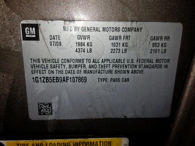 1G1ZB5EB9AF107869 - 2010 CHEVROLET MALIBU LS 棕色 照片 10