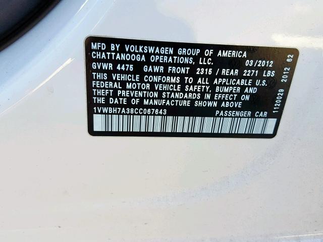 1VWBH7A38CC067643 - 2012 VOLKSWAGEN PASSAT SE WHITE photo 10