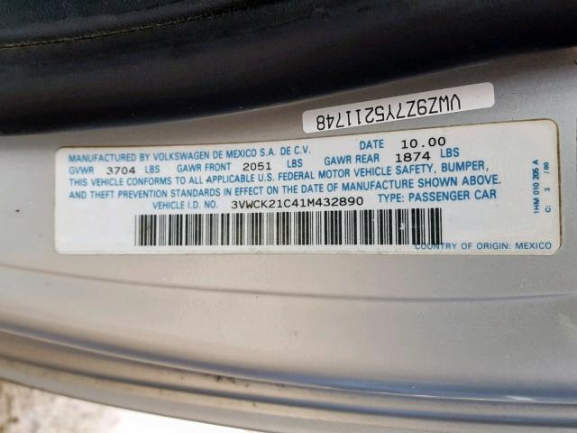 3VWCK21C41M432890 - 2001 VOLKSWAGEN NEW BEETLE 银色 照片 10