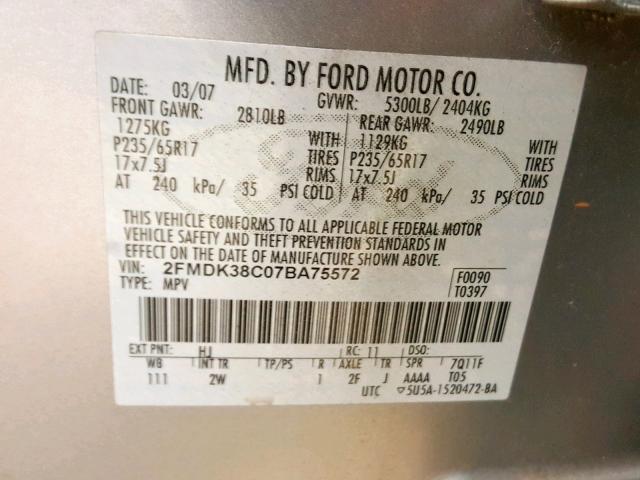 2FMDK38C07BA75572 - 2007 FORD EDGE SEL SILVER photo 10