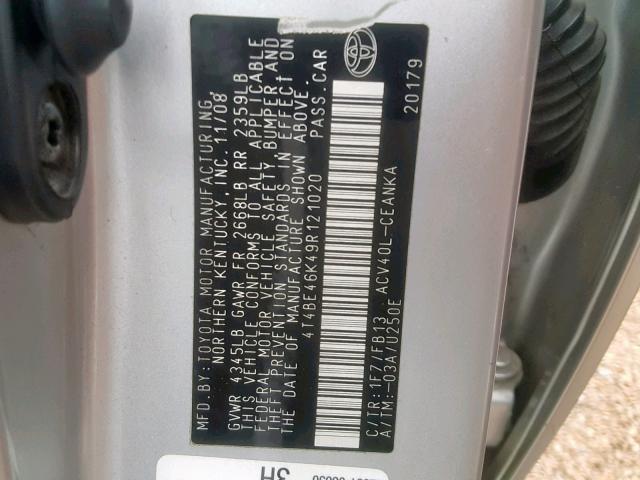 4T4BE46K49R121020 - 2009 TOYOTA CAMRY BASE  photo 10