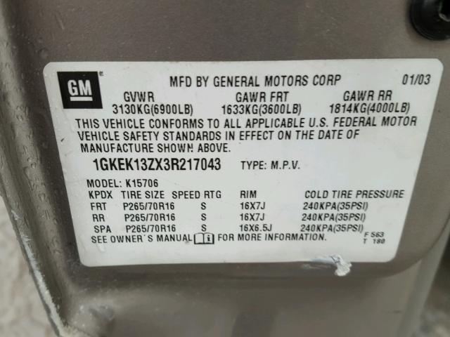 1GKEK13ZX3R217043 - 2003 GMC YUKON TAN photo 10