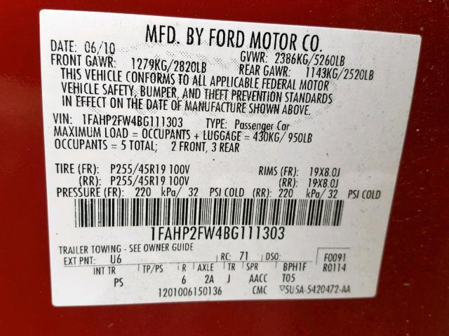 1FAHP2FW4BG111303 - 2011 FORD TAURUS LIM RED photo 10