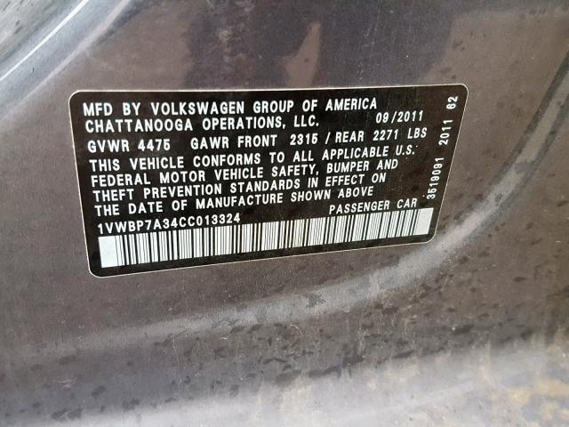 1VWBP7A34CC013324 - 2012 VOLKSWAGEN PASSAT SE GRAY photo 10