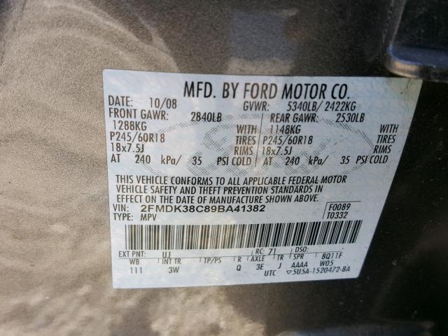 2FMDK38C89BA41382 - 2009 FORD EDGE SEL GRAY photo 10