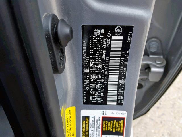 4T1BK1EB4FU144649 - 2015 TOYOTA AVALON XLE 银色 照片 10