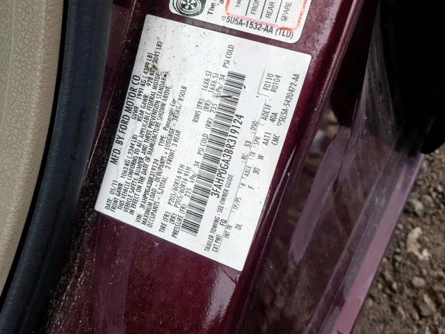 3FAHP0GA3BR319124 - 2011 FORD FUSION S MAROON photo 10