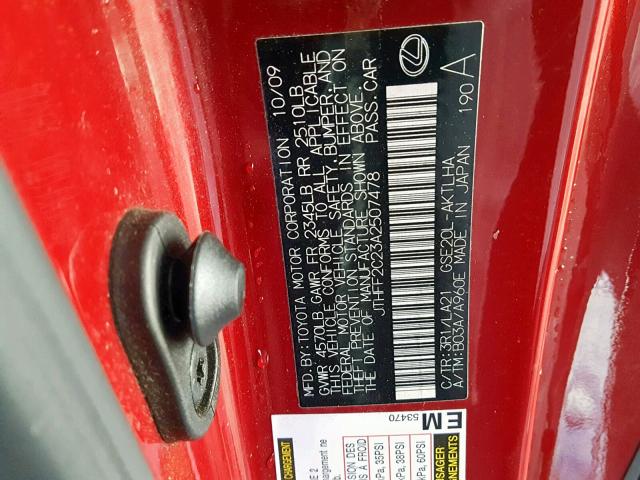 JTHFF2C23A2507478 - 2010 LEXUS IS 250 RED photo 10