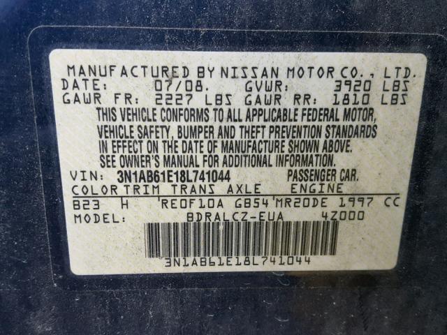 3N1AB61E18L741044 - 2008 NISSAN SENTRA 2.0 BLUE photo 10