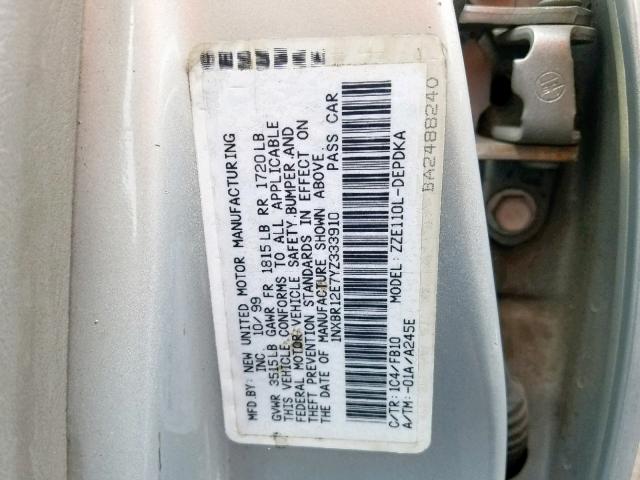 1NXBR12E7YZ333910 - 2000 TOYOTA COROLLA VE SILVER photo 10