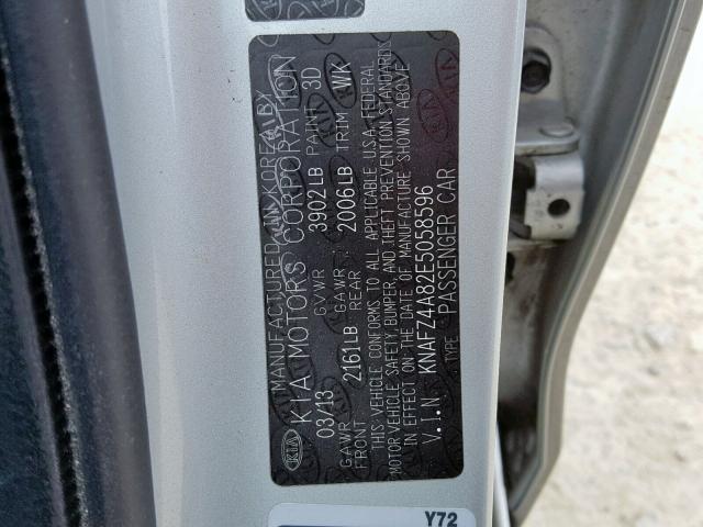 KNAFZ4A82E5058596 - 2014 KIA FORTE EX SILVER photo 10