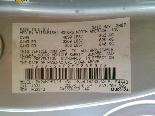 4A3AK24F28E005978 - 2008 MITSUBISHI ECLIPSE GS SILVER photo 10