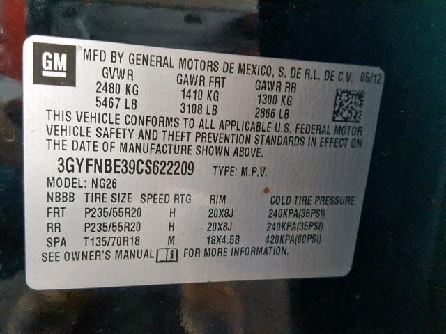 3GYFNBE39CS622209 - 2012 CADILLAC SRX PERFOR BLACK photo 10