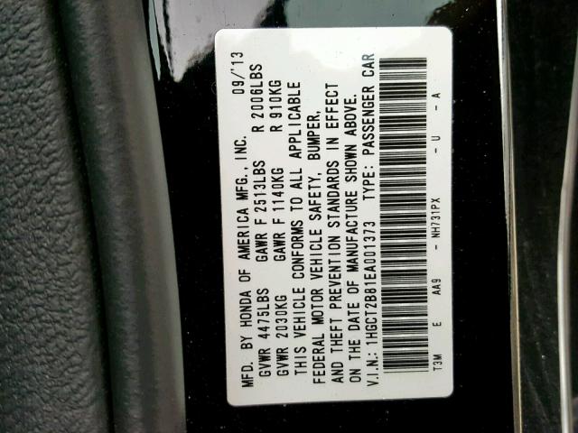 1HGCT2B81EA001373 - 2014 HONDA ACCORD EXL 黑色 照片 10