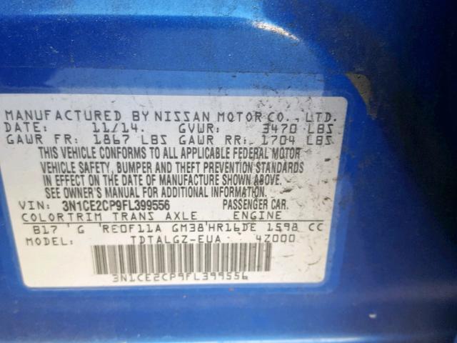 3N1CE2CP9FL399556 - 2015 NISSAN VERSA NOTE BLUE photo 10