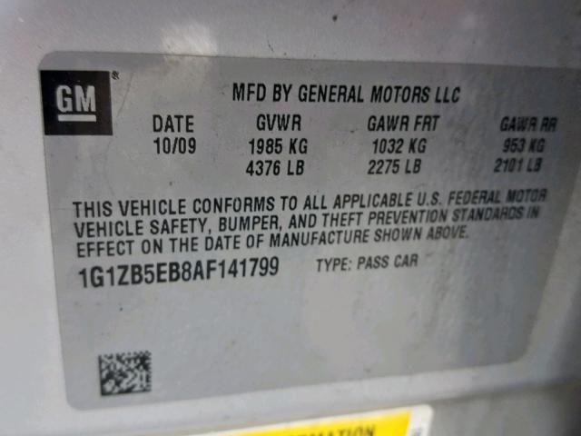 1G1ZB5EB8AF141799 - 2010 CHEVROLET MALIBU LS 银色 照片 10