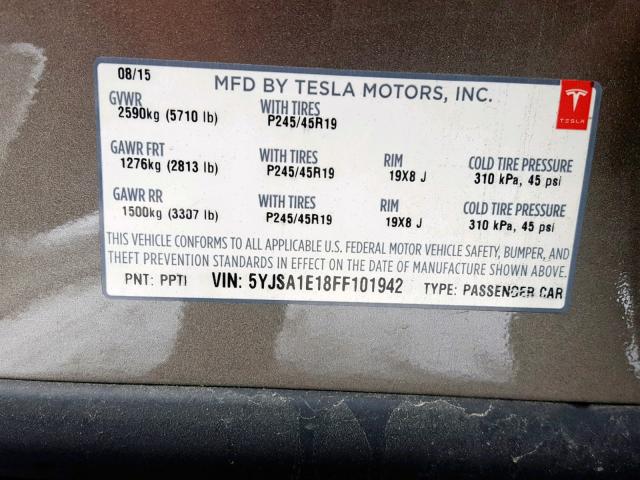 5YJSA1E18FF101942 - 2015 TESLA MODEL S BROWN photo 10