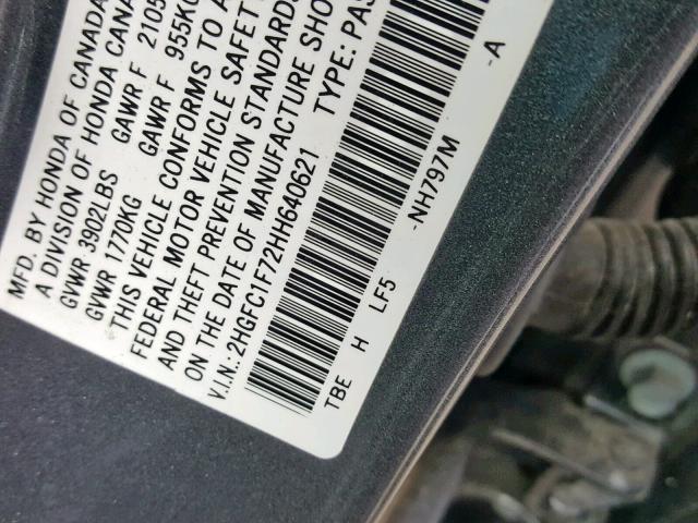 2HGFC1F72HH640621 - 2017 HONDA CIVIC EXL CHARCOAL photo 10