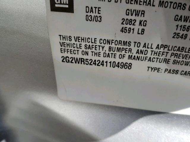 2G2WR524241104968 - 2004 PONTIAC GRAND PRIX SILVER photo 10