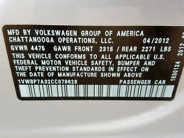 1VWBP7A32CC079628 - 2012 VOLKSWAGEN PASSAT SE SILVER photo 10