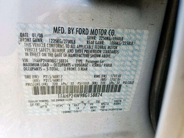 1FAHP24W98G158824 - 2008 FORD TAURUS SEL WHITE photo 10