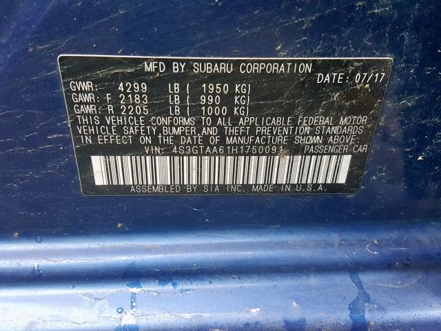 4S3GTAA61H1750091 - 2017 SUBARU IMPREZA BLUE photo 10