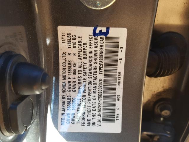 JHMZE2H75CS002078 - 2012 HONDA INSIGHT EX GRAY photo 10