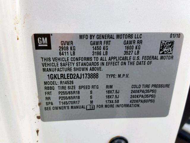 1GKLRLED2AJ173888 - 2010 GMC ACADIA SLE WHITE photo 10