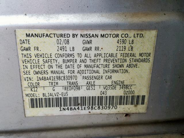 1N4BA41E98C830970 - 2008 NISSAN MAXIMA SE SILVER photo 10