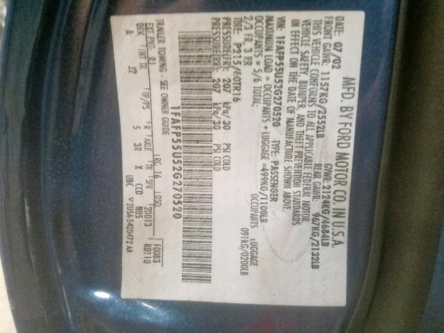 1FAFP55U52G270520 - 2002 FORD TAURUS SES BLUE photo 10