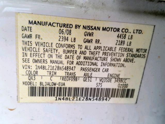 1N4BL21E28N548947 - 2008 NISSAN ALTIMA 3.5 WHITE photo 10