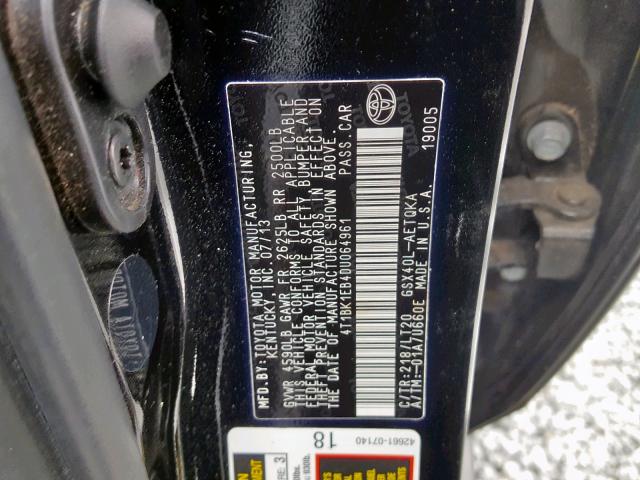 4T1BK1EB4DU064961 - 2013 TOYOTA AVALON BAS BLACK photo 10